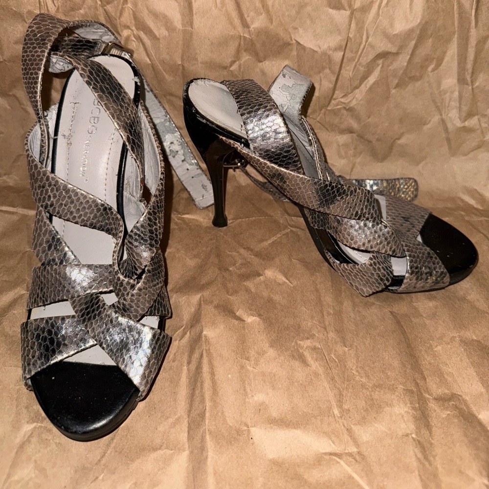 BCBGeneration Black and Gray Snakeskin Heels